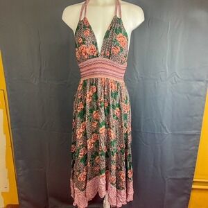 Angie Boho Floral Halter Midi Dress M Smocked Waist Cottagecore Fairy Festival